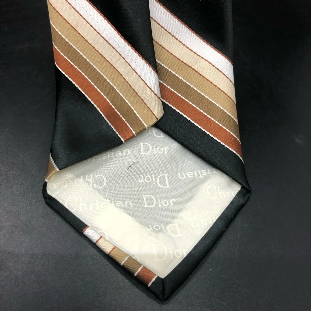 Vintage Christian Dior Cravates black brown tan striped neck Tie